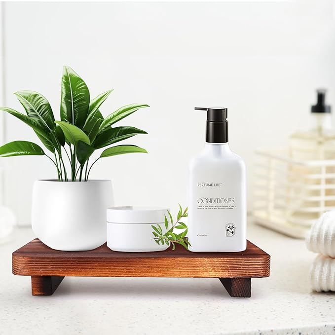 Farmhouse Bathroom Counter Organizer Wood Risers Display Pedestal Stand Wooden Dish Soap Dispenser Holder for Bathroom Decor Sink Accessories Small Kitchen Countertop Trays Vanity Decorative Tray