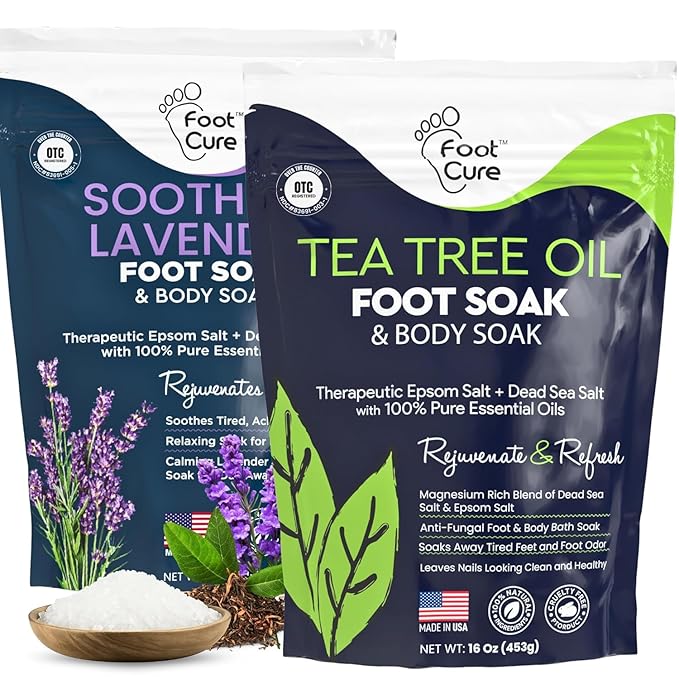 FOOT CURE Tea Tree Oil & Soothing Lavender Foot Soak with Epsom Salt - Best Toenail Treatment & Softens Calluses - Soothes Sore & Tired Feet, Foot Odor Scent, Spa Pedicure - 16 oz (Pack of 2)