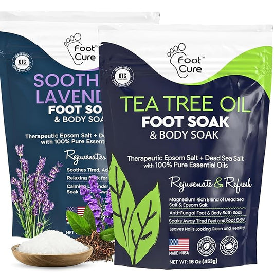 FOOT CURE Tea Tree Oil & Soothing Lavender Foot Soak with Epsom Salt - Best Toenail Treatment & Softens Calluses - Soothes Sore & Tired Feet, Foot Odor Scent, Spa Pedicure - 16 oz (Pack of 2)