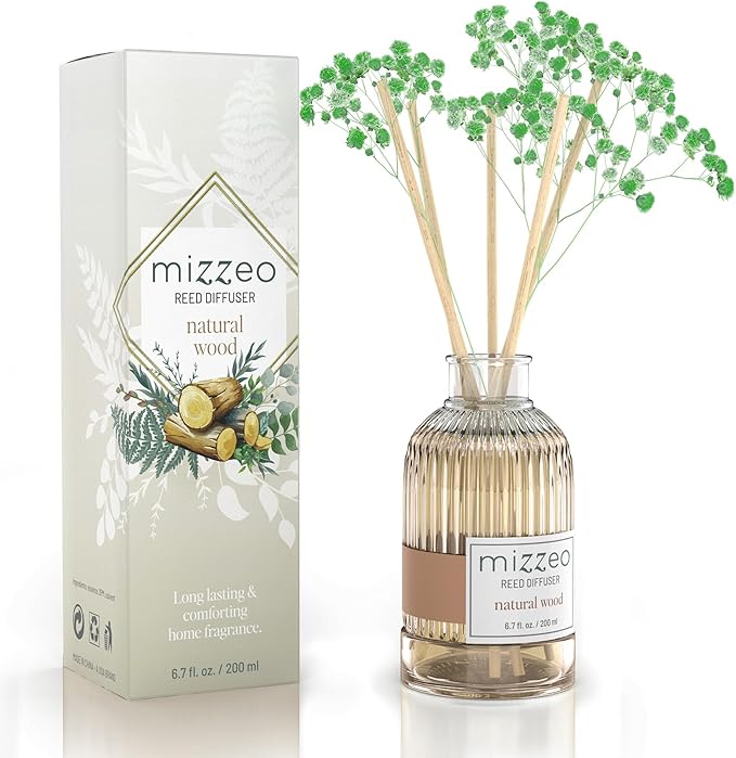 MIZZEO Reed Diffuser Set, Natural Wood 6.76 fl oz Highly Scented Room Diffuser Home Fragrance Essential Oil Reed Flower Diffuser, House Bedroom Office Decor & Gifts