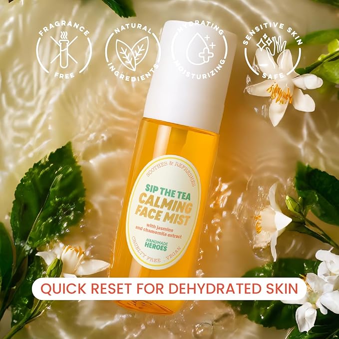 Handmade Heroes Sip The Tea Calming Face Mist Serum – Hydrating Facial Spray with Chamomile, Jasmine & Hyaluronic Acid – Vegan, Alcohol Free Formula for Dewy, Refreshed Skin – 2.2 fl oz