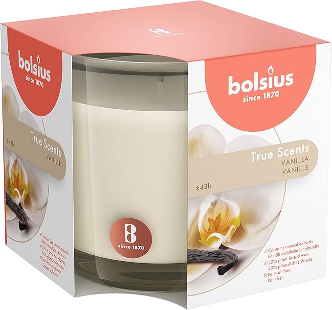 Bolsius Premium Vanilla Scented Candle - Long-Lasting Candle Jar, 43+ Hours Burning Time - Natural Vanilla Candle with Plant-Based Wax- Smokeless. Clean-Burning Aromatherapy Candle - Large, 8oz Jar