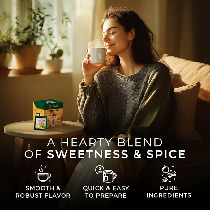 Gya Tea Co Vanilla Chai Tea Bags (20 Bags) - Caffeinated with a Smooth Flavor for Workday - Recharge Yourself with Every Sip - Fruit & Herbal Blends
