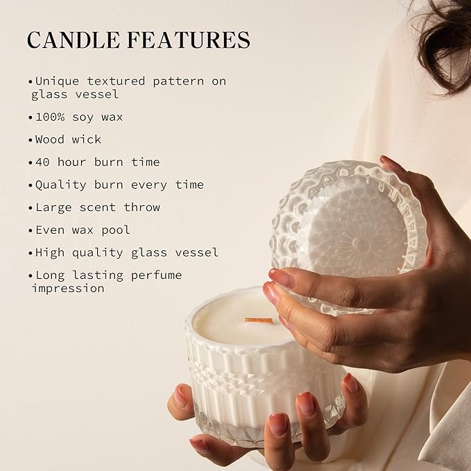 Hidden Label Fresh Cotton Scented Crackling Wood Wick Soy Candles, Muse Collection 7.4oz Glass Jar Decorative Candles, Perfect Gifts for Women on Valentines Day, Birthday, Mothers Day