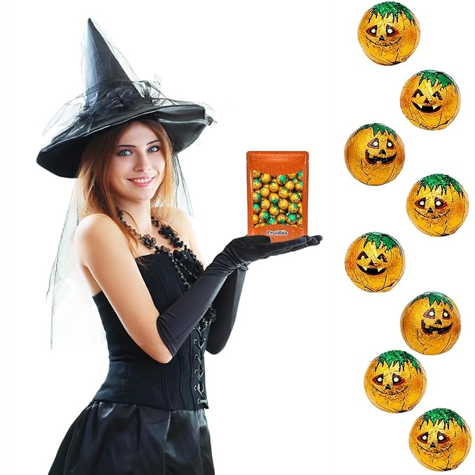 Halloween Double Chocolate Bumpkin Balls, Milk Chocolate Trick-Or-Treat Party Bag Fillers, Individually Wrapped in Multi-color Eye Design Foils, Kosher Certified (1 Pound)