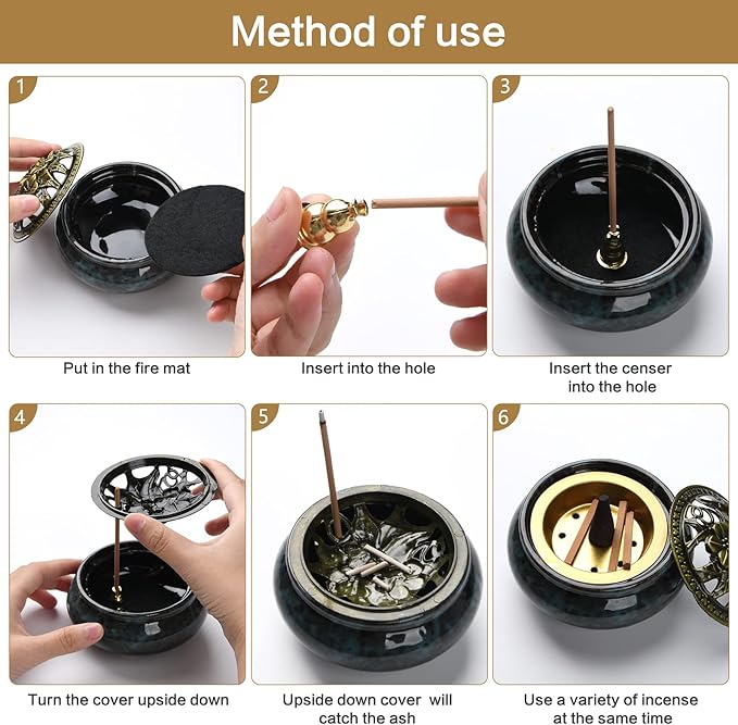 Ceramic Incense Burner with Incense Holder+Spacer Layer+Fireproof Cotton,Handmade Smudging Burn Bowl for Stick or Coil Incense,Sage Cones and Frankincense (Dark Blue)