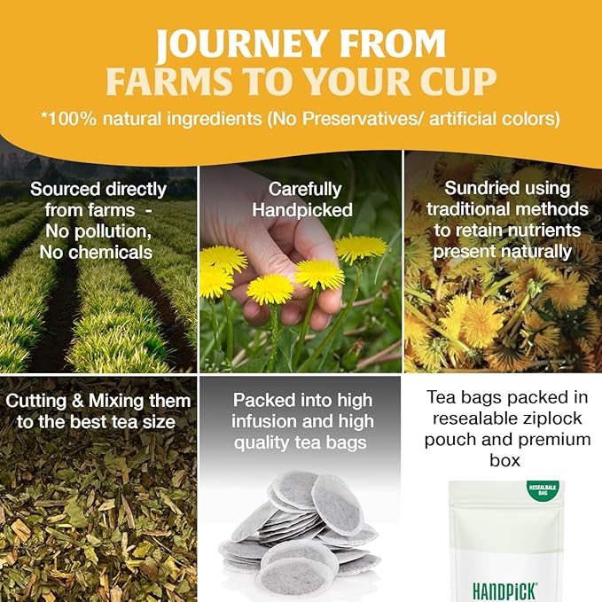 HANDPICK - Dandelion Root Tea bags, 100 Teabags - Natural Dandelion Herbal Tea for Liver & Kidney Health - Non-GMO - Caffeine-free - Support Digestion & Boost Immune System