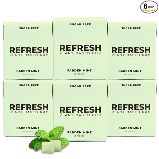 Refresh Gum, Xylitol, Natural, Sugar Free, Long Lasting, Plastic Free, Natural Flavors & Organic Ingredients, Plant-Based, Low Calorie, Non GMO, Gluten Free, Vegan, Garden Mint Flavor, 12 Pcs, 6 Pack