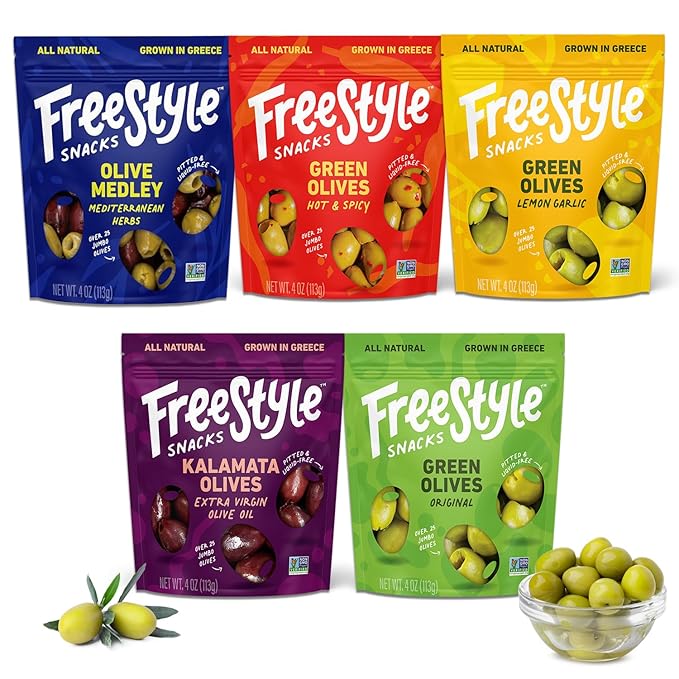 Freestyle Snacks Olive Snack Packs - Fresh Pitted Green & Kalamata Olives, 5 Flavors, Jumbo-Sized, Grown in Greece, All Natural, Non-GMO, Paleo, Sugar-Free, Keto Snacks - Variety Pack, 4oz (5 Pack)