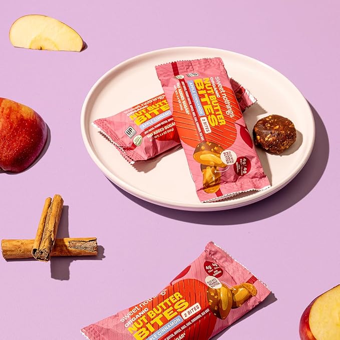Sweet Nothings, Apple Cinnamon, USDA Organic Nut Butter Bites Protein Bar, Nut & Date Snack, Filled with Peanut Butter, 12-2 Bite Value Packs - No Added Sugar, Plant Based, Vegan, Only 7 Ingredients