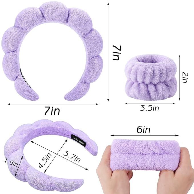 Zkptops Spa Headband for Washing Face Wristband Set Sponge Makeup Skincare Headband Terry Cloth Bubble Soft Get Ready Hairband Women Girl Puffy Padded Headwear Non Slip Thick Hair Accessory(Purple)