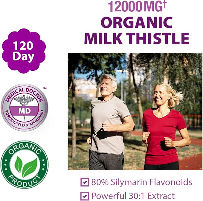 Liver Cleanse Detox & Repair, Organic Milk Thistle 12000 Mg 120 Day Support Supplement, 30X Seed Extract with Silymarin Pills, MD Pure Herbal Kidney Lung Health Fast Active Aid Formula 120 Capsules