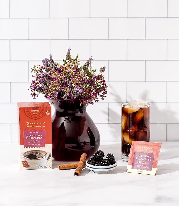 Teeccino Cordyceps Schisandra Tea - Cinnamon Berry - Caffeine Free Mushroom Adaptogenic Herbal Tea, 3x More Herbs Than Regular Tea Bags, Naturally Sweet, Gluten Free, Prebiotic - 25 Tea Bags