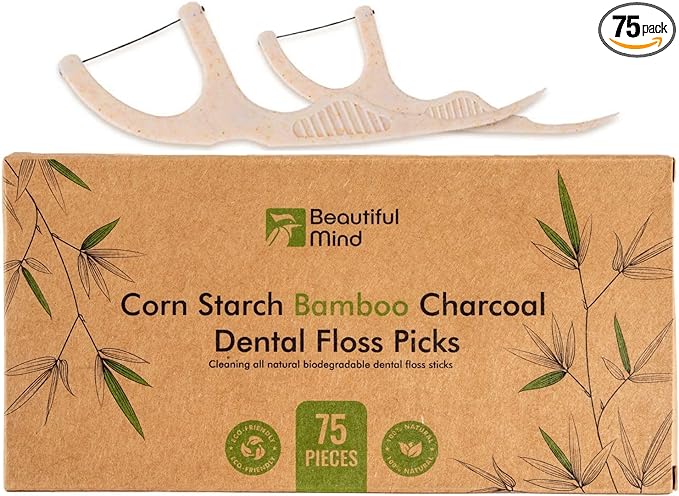 Natural Dental Floss Picks 75 Pack – Organic Biodegradable Floss Sticks with Strong Bamboo Charcoal Thread & Vegan Cornstarch Handle – No Plastics, No Artificial Flavours - Kraft Paper Box