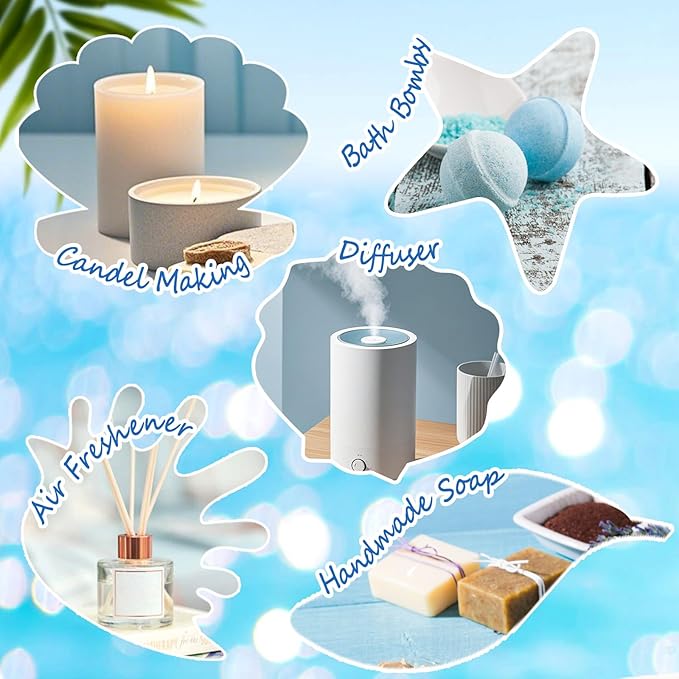 Beach Fragrance Oils Set,6 Premium Summer Essentials Oils for Diffusers for Home,Candle & Soap Making, Ocean Breeze,Hawaiian Suntan,Sun & Sand,Marine,Rock Salt & Driftwood,Seashore Stroll Scented Oil