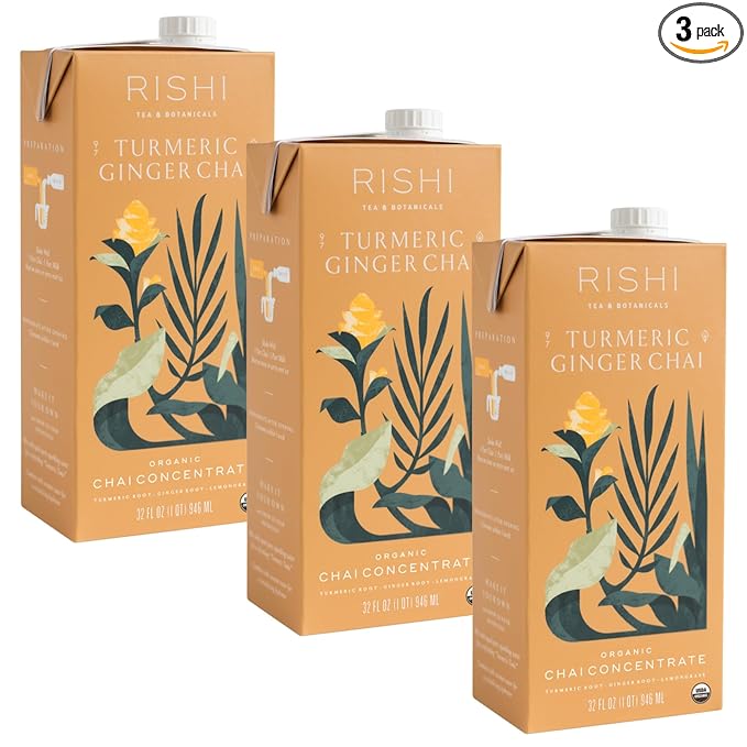 Rishi Tea Turmeric Ginger Chai Latte - Organic Herbal Tea Concentrate with Ayurvedic Ginger, Easy-to-Serve Hot or Iced Caffeine Free Chai Mix - 32 oz Carton, 8 Servings (Pack of 3)