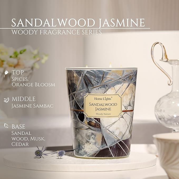 HomeLights Soy Wax Candles for Home Scented, 3-Wick Candles in Sandalwood Jasmine Scented, Industrial Chic Aromatherapy Candles Gift for Parties, Relaxing, 34oz