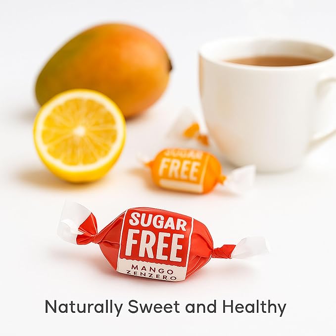 Andy Anand Chocolatier Sugar Free Ginger Candy - Gluten Free Made in Italy Hard Candy, Individually Wrapped Sweetened With Natural Stevia With Mango, Orange & Lemon Assorted Flavors ((55 Pcs, 7 Oz)