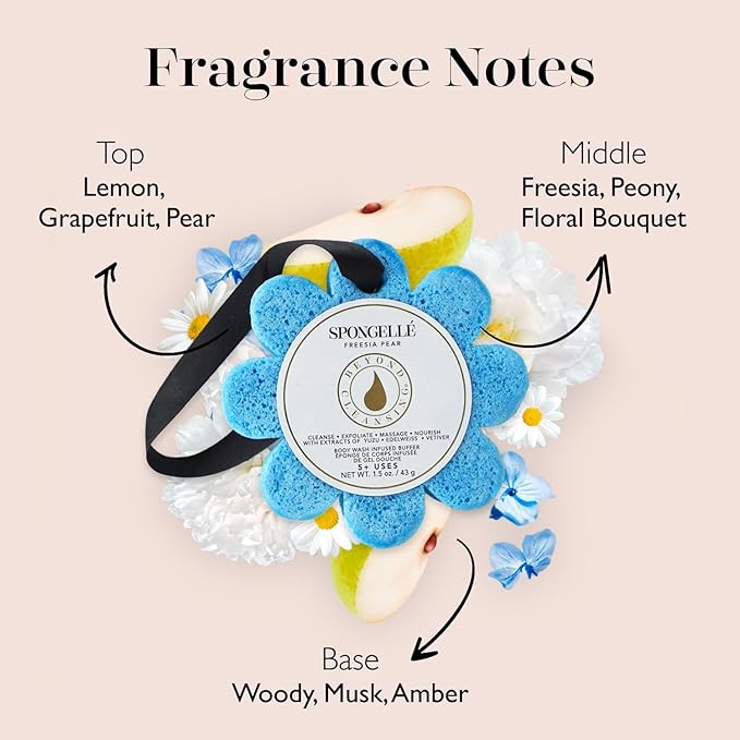 Spongelle Freesia Pear Wild Flower Buffer Body Scrubber | Bath & Shower Loofah for Women | Exfoliator with Body Wash Infused Sponge | 14+ uses