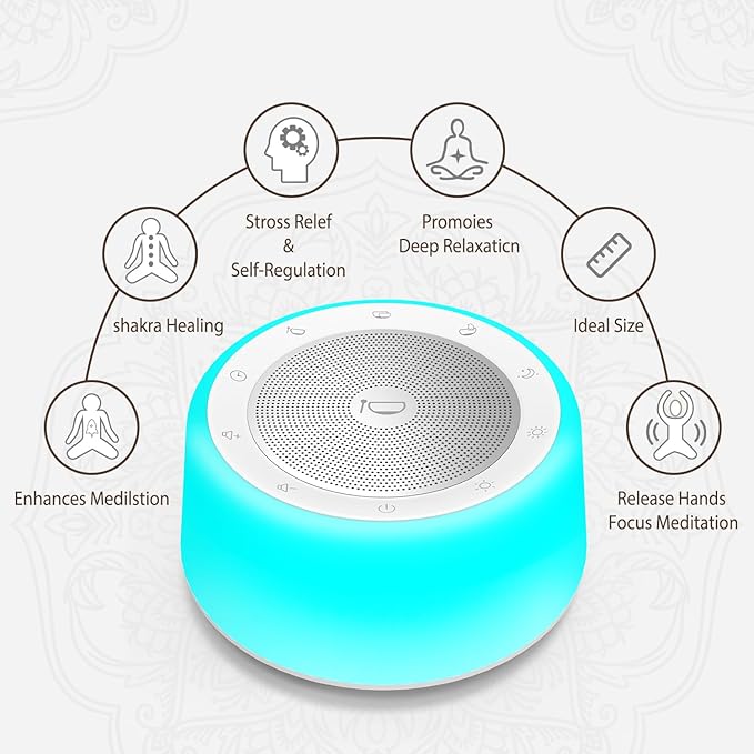 Kipcush Tibetan Singing Bowls Sound Machine - 11 Different Sized Sound Bowls with Night Light for Yoga, Meditation, Mindfulness, Healing, Chakra Healing and Stress Relief, Timer, Plug in