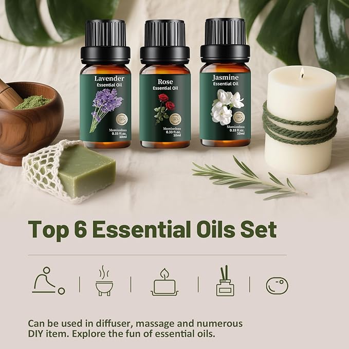 Floral Essential Oils Set Pure, Mumianhua Lavender, Rose, Jasmine, Ylang Ylang, Gardenia, Freesia - Natural Women's Classic Aromatherapy Gift Set for Diffuser, Humidifier, Candle & Soap Making 6x10ml
