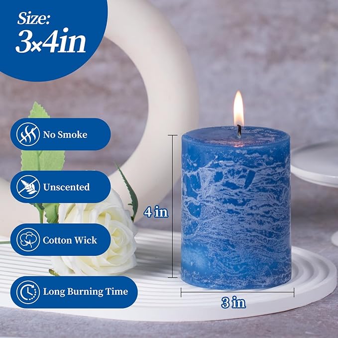 KONNI Blue Pillar Candles Set of 3, 3"x 4" Unscented Pillar Candles Bulk, 39 Hours Long Burning Candles, Smokeless & Dripless Round Candle for Wedding, Home Decoration, Parties, Spas, Dinner