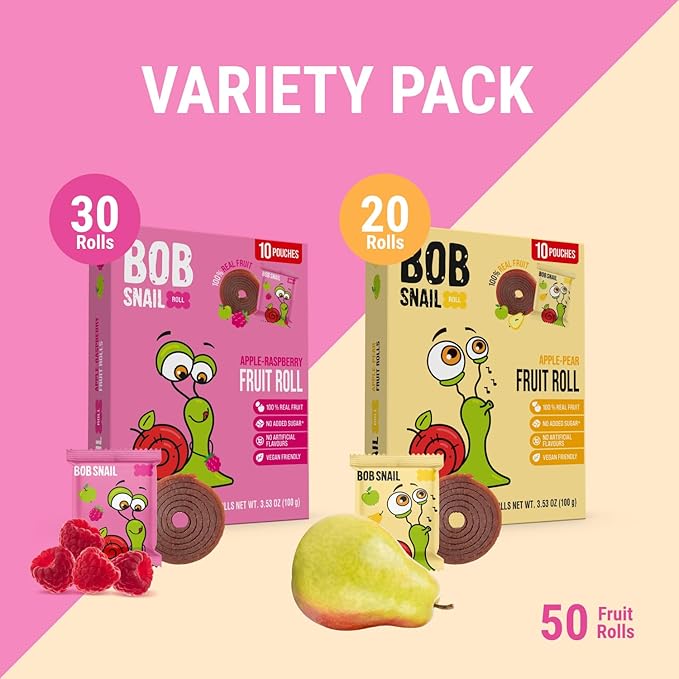 Bob Snail Exotic Mix Fruit Roll Ups – Healthy Sweets, Real Dried Fruits Snacks, No Added Sugar, Vegan, Nut Free, Candy for Adults and Kids – Pear and Raspberry Flavour 50 pcs, 500g