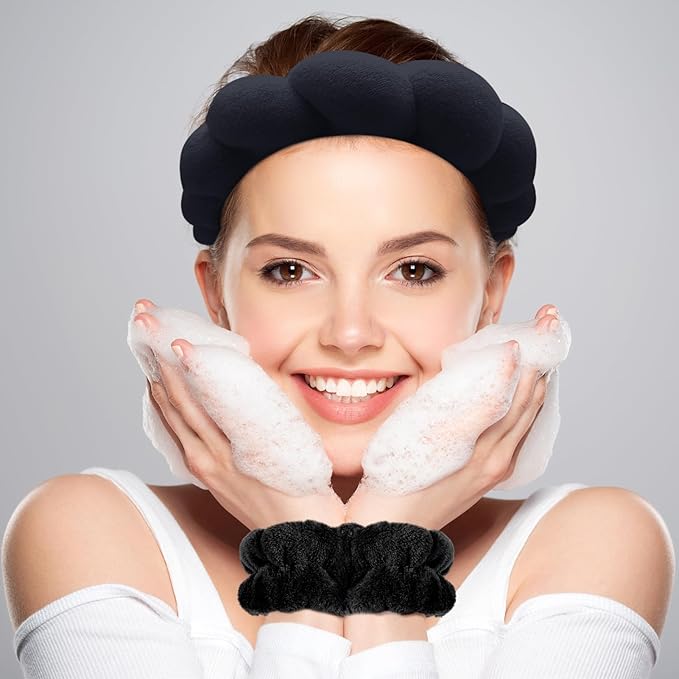 Zkptops Spa Headbands for Washing Face or Facial Sponge Makeup Skin Care Headband Wristband Set Towel Bubble Soft Sponge Hairband for Women Girls Puffy Winter Non Slip Thick Thin Hair Accessory(Black)