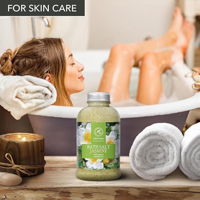 Bath Sea Salt Jasmine 21.16 Oz - Bath Salts with Jasmine Essential Oil for Bath Soak - Relaxing Bath - Body Care - Muscle Relaxation - Good Sleep - Aromatherapy Bath Salts - Flower Bath Salt