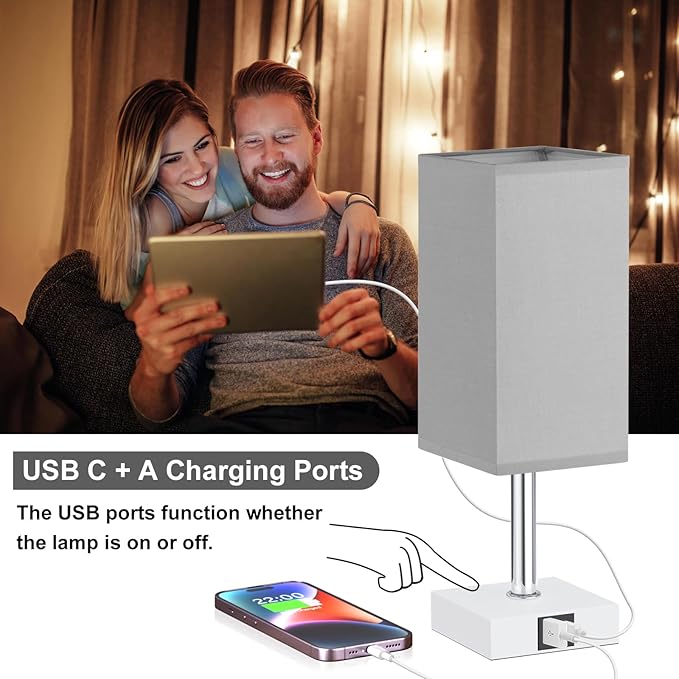 Ambimall Touch Control Table Lamp with USB A+C Charging Ports - 3 Way Touch Lamps Bedside, Nightstand Lamp for Bedrooms Living Room Nursery, LED Bulb Included(Grey Shade)