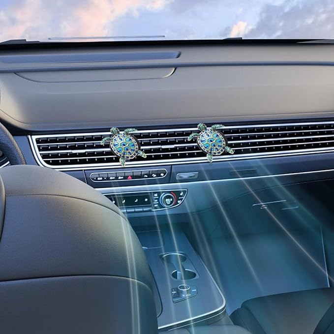 2PCS Beach Car Accessories, Crystal Cute Turtle Air Fresheners Diffuser Vent Clip, Bling Tortoise Car Air Vent Clips, Comes with 2 PCS Black Cars Air Vent Clips(Blue)