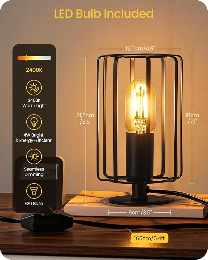 Industrial Small Table Lamp, Small Bedside Lamp with Dimmable 2400K Warm Light LED Bulb, Vintage Desk Lamp, Black Nightstand Lamp for Bedroom, Study, Office, Small Space, B05TL05