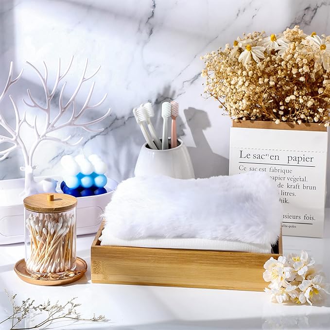 CHENGU 2 Pcs Bamboo Bathroom Trays Small Vanity Tray for Toilet Tank and Bathroom Counter Top, Wood Napkin Holder Tray Organizer for Soap Dispenser Perfume Home Kitchen Decor, 9.8 x 5.5 Inch