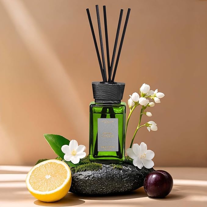 Reed Diffuser Set, 5.2 oz Jasmine Scented Reed Diffuser with Sticks, Home Fragrance Reed Diffusers for Home Air Freshener, Bathroom Bedroom Apartment Office Shelf Decor