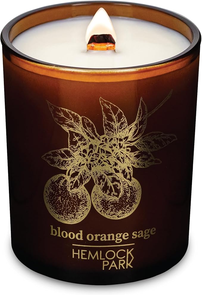 Hemlock Park Wood Wick Candle Handcrafted with Natural Coconut Wax and Essential Oils (Amber & Gold 7.2 oz, Blood Orange Sage)