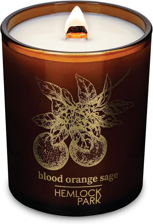 Hemlock Park Wood Wick Candle Handcrafted with Natural Coconut Wax and Essential Oils (Amber & Gold 7.2 oz, Blood Orange Sage)