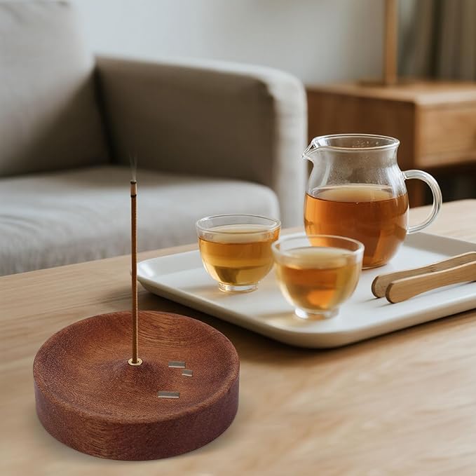 Ebony Wood Incense Burner, Round Wooden Incense Sticks Holder Handmade Ash Catcher Burner Tray Vintage Aroma Diffuser Bowl for Meditation Relaxation Home Decor