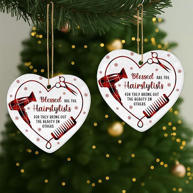 34HD Gifts for Christmas, Hairstylist Christmas Ornament Heart-Shaped Ceramic 2-Side Printed, Hairstylist Gifts Women, Christmas Decorations for Trees