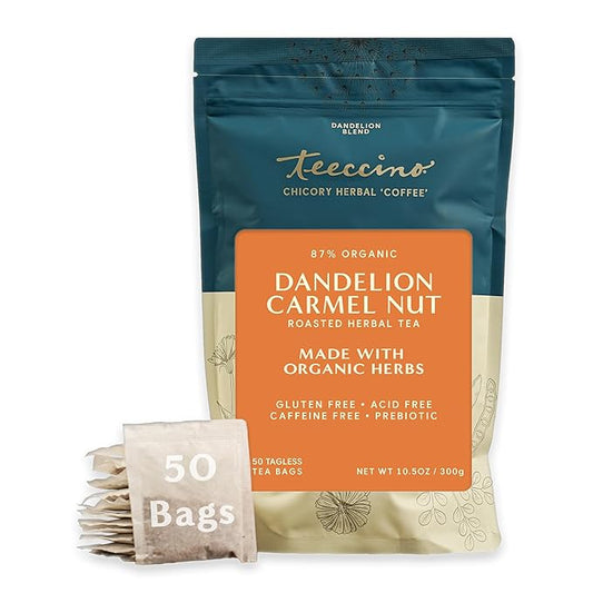 Teeccino Dandelion Caramel Nut Tea - Caffeine Free, Roasted Herbal Tea with Prebiotics, 3x More Herbs than Regular Tea Bags, Gluten Free - 50 Tagless Eco-Friendly Tea Bags