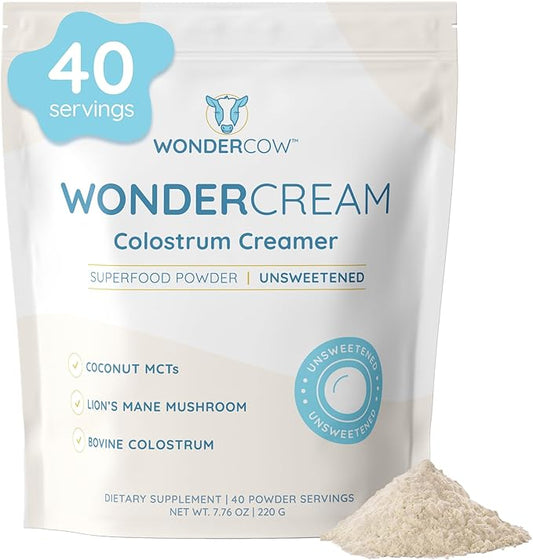 WONDERCOW Bovine Colostrum Superfood Creamer Supplement Powder w/Organic Lions Mane Mushroom & Coconut Milk Powder MCTs | Functional Sugar Free Keto Coffee, Smoothie & Drink Mix Unsweetened