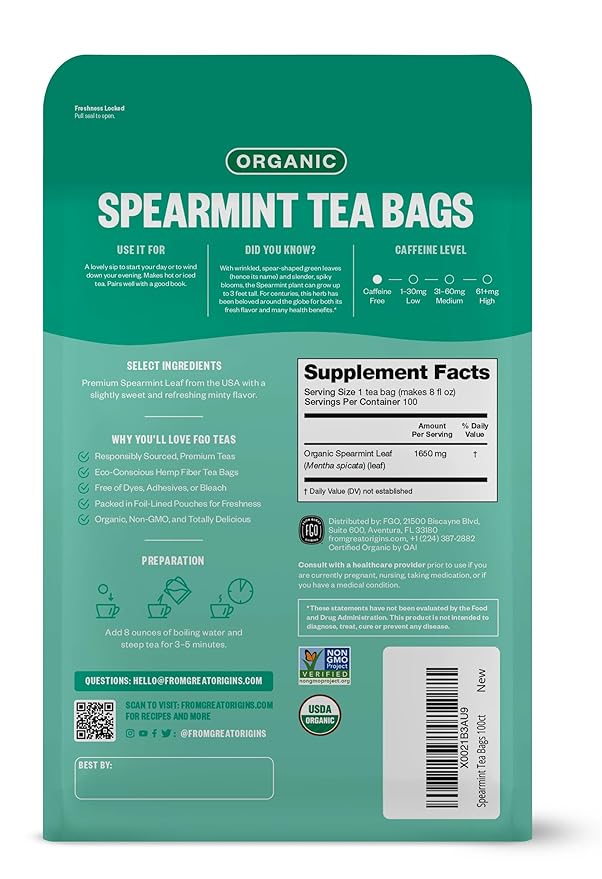 FGO Organic Spearmint Leaf Tea, 100 Count, Eco-Conscious Tea Bags, Caffeine Free, Resealable Bag, Packaging May Vary (Pack of 1)