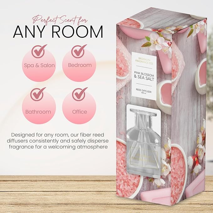 Brooklyn Fragrance Co. Spring Spa- Long Lasting Scented Aroma Diffuser – Pink Blossom & Sea-Salt Air Freshener for Home- Fragrance Diffuser for a Large Room - 100ML