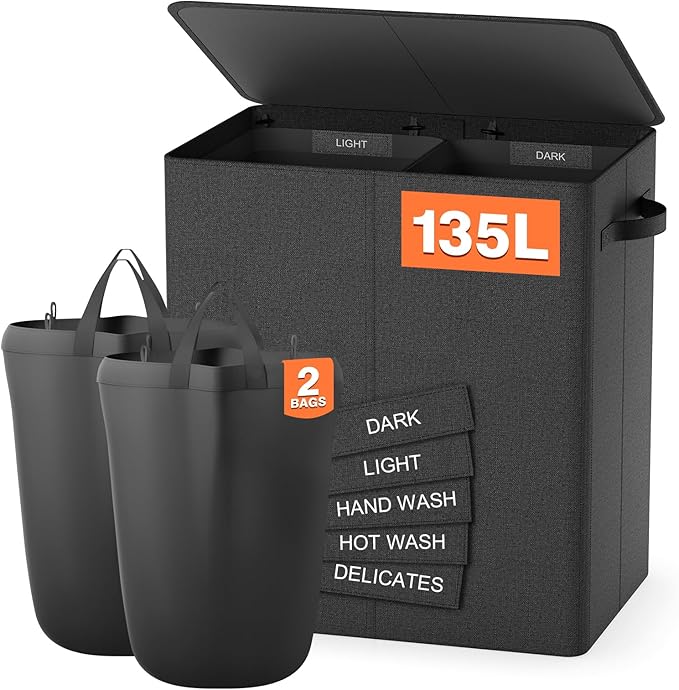 Double Laundry Hamper with Lid, 135L Dirty Clothes Hamper with Removable Bags & Labels, Laundry Basket 2 Section for Separating, Large Laundry Basket for Laundry Room, Bedroom, Dark Grey