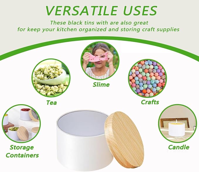 ABK 4oz White Candle Tins, 24 PCS Matte Mental Jars With Wood Grain Lids for Making, Bulk Containers