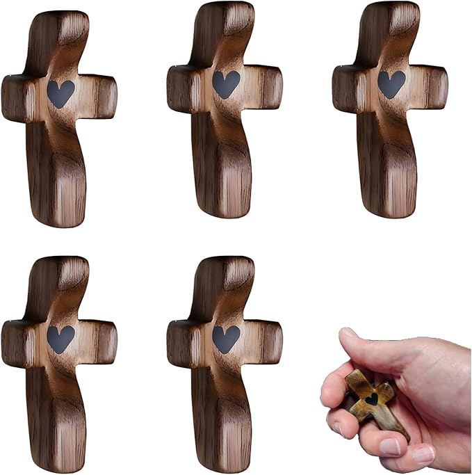 Atlodas Cross My Heart, Encouragement Gift, Relieve Anxiety Comfort for Clutching, Clinging and Praying, Wooden Cross Fidget, Pocket Olive Wood Crosses Religious Gift for Children and Adults (5 Pcs)