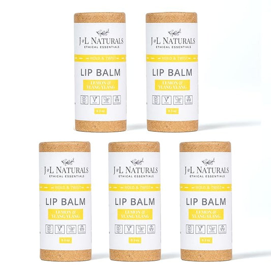 J&L Naturals Sustainable Lip Balm | Organic Ingredients, 100% Natural, Eco-Friendly | Cruelty Free, Vegan, Paraben Free, Silicone Free (Lemon & Ylang Ylang, 5-Piece Bundle)