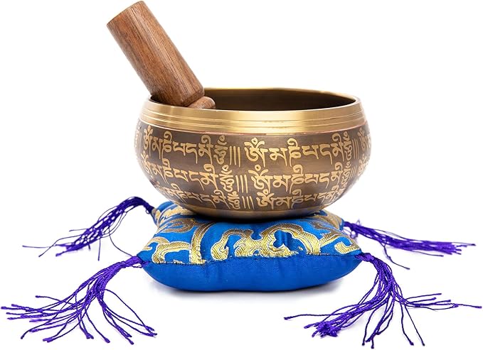 Tibetan Singing Bowl Set - Easy To Play Authentic Handcrafted For Meditation Sound Bowl Chakra Yoga Healing 4 Inches By Himalayan Bazaar (Brown & Blue)