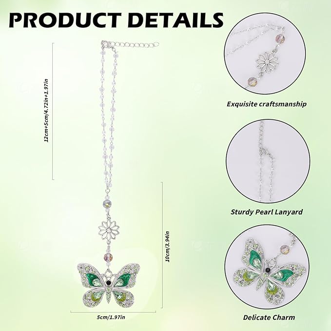 Green Crystal Butterfly Car Charm - Rear View Mirror Hanging Ornament, Sun Catcher Window Pendant for Car Interior Decoration, Christmas Birthday Gifts for Mom Aunt Women