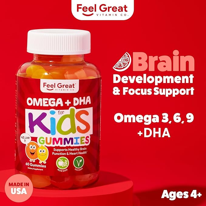 Feel Great Vitamins Kids DHA Gummies with Omega 3 6 9, Vitamin C (2-Pack) | Supports Healthy Brain Function, Vision & Heart Health | Gluten Free, Vegetarian | 60 Gummies