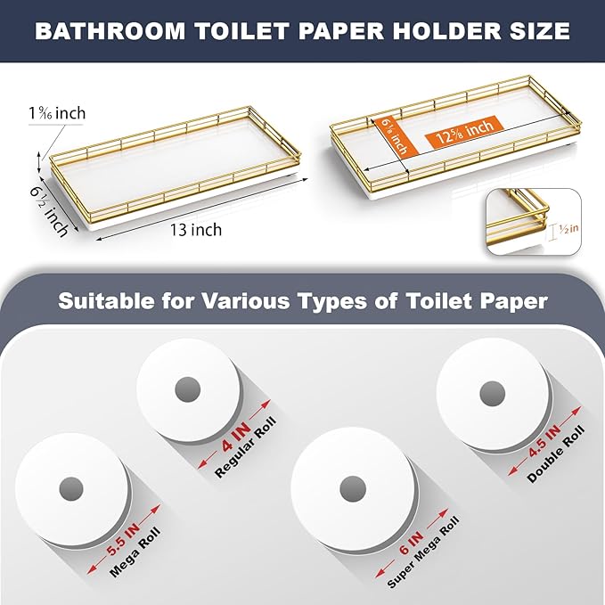 Bathroom Toilet Tank Tray, 13" Wood Toilet Paper Storage Basket Tray Back of Toilet Basket Organizer,Vanity Tray for Perfume Makeup Candle Decor, Gold & White